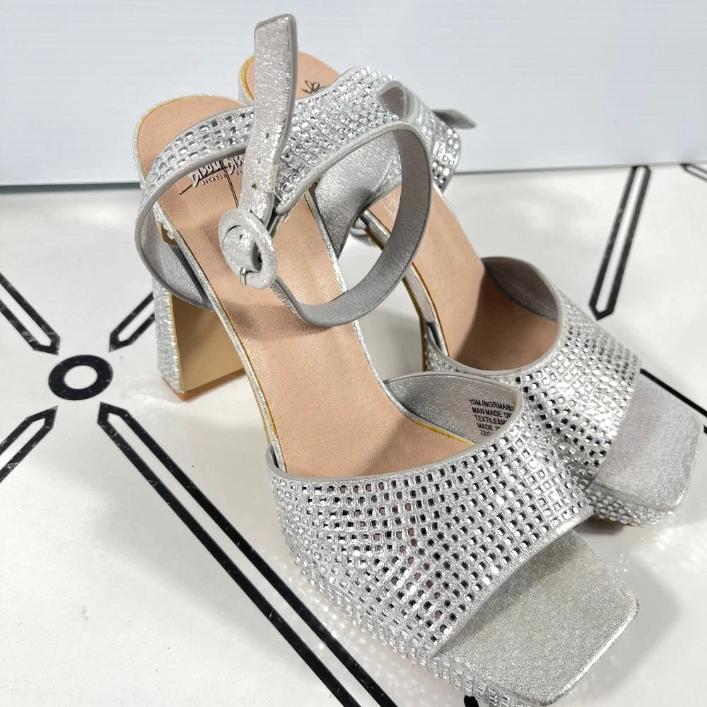 Bisou Bisou Michele Bohbot Silver‎ Rhinestone Platform Sandals Square Toe Sz 10
